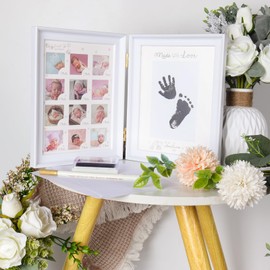 RECUTMS Baby Keepsake Frame, Baby Hand and Footprint Baby's First Year Nursery Photo Picture Frame Kit with Ink Pad and Pen, Anniversary Growth Record for Mom/Newborn for Baby Shower (White)