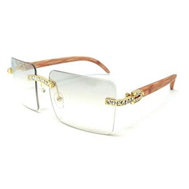 Dweebzilla Dasher XL Rimless Square Rhinestone Metal & Faux Wood Luxury Sunglasses (Gold & Light Brown Wood, Grey Smoke Lenses)