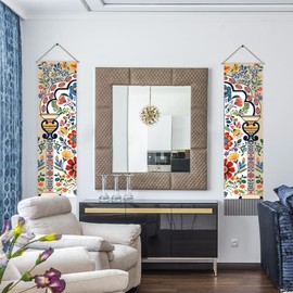 AHANDMAKER 2Pcs Bohemian Floral Art Tapestry, Boho Flower Mandala Indian Vertical Tapestry Wall Hanging, Tassel Wall Aesthetic Tapestry for the Living Room, Wall Art, Wall Decor Entry(45.7x13 Inch)