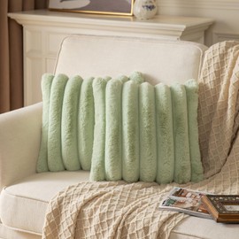 YAERTUN Set of 2 Sage Green Striped Decorative Cushion Covers 24x24 Inch 60x60 cm Plush Soft Throw Pillow Case with Velvet Back Faux Rabbit Fur Pillow Covers Sofa Couch Bed Livingroom