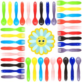 Youngever 18 Pcs Plastic Toddler Utensils, Plastic Kids Forks Kids Spoons, Large Size, Top Dishwasher Safe, Set of 9 in 9 Rainbow Colors