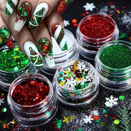 Christmas 3D Snowflake Christmas Tree Nail Glitter Sequins Mixed 3 Color Nail Glitter Powder Hexagon Glitter Sequins Winter Nail Decals for for Women Nail Decorations DIY Manicure Accessories(6 Box)