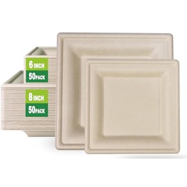 GreenWorks 6 inch and 8 inch Heavy-duty Compostable Plates (each 50 Count), 100 Count Bagasse and Bamboo Fiber Disposable Paper Plates