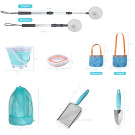 6 PCS Shark Tooth Sifter Beach Shell Collecting Bag Set, Mesh Shovel Shell Bags with Foldable Bucket (Green Edition)