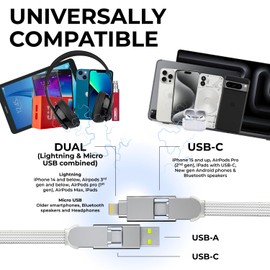 Rolling Square inCharge XL 6-in-1 Multi Charging Cable, Portable USB and USB-C Cable with 100W Ultra-Fast Charging Power, 1 Ft/0.3m, Glacier White