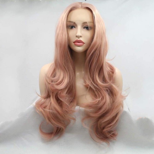 melody wig pink wig Synthetic Rose Gold Pink Lace Front Wigs For Women Hair Long Wavy Wigs Heat Resistant Fiber Long Pink Hair