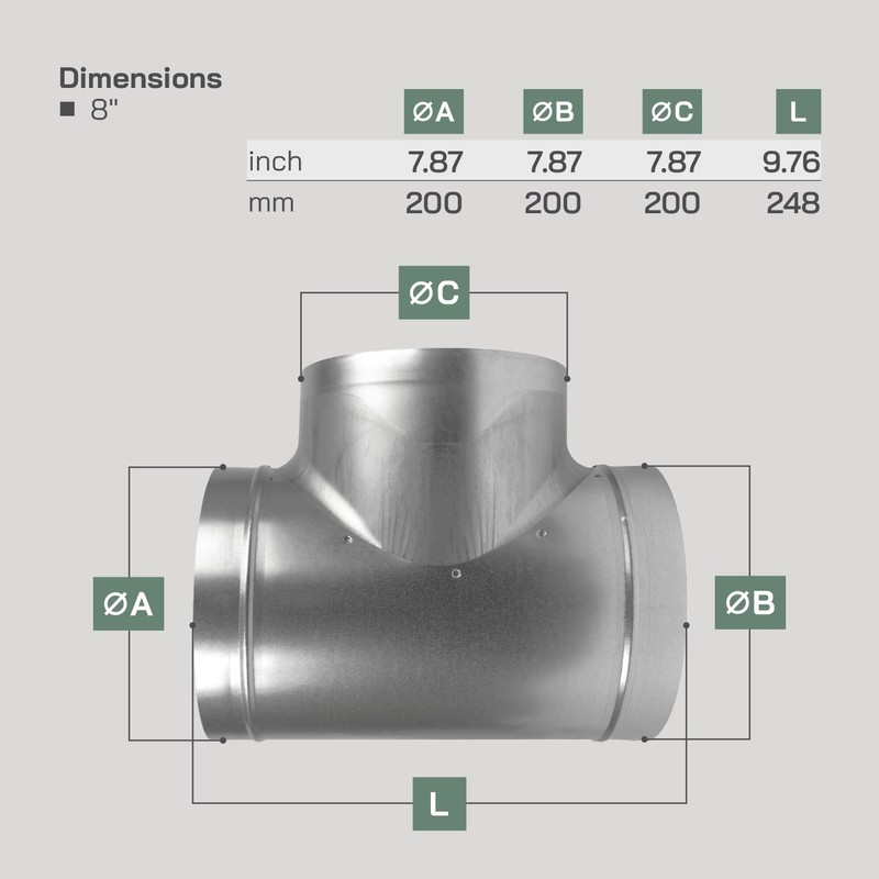 Vent Systems 8'' Inch T Shape Duct Connector 3 Way