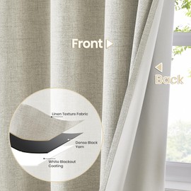 Melodieux 100% Blackout Natural Linen Curtains 84 Inch Length 2 Panels Set, Bedroom Living Room Darkening Thermal Insulated Grommet Drapes, Elegant Farmhouse Linen Textured Curtains, 52x84 inch