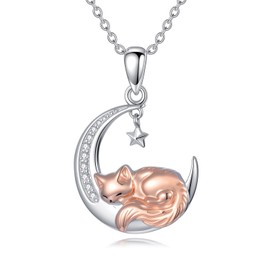 Diamond Cat Necklace for Women 925 Sterling Silver Sleeping Animal and Moon Pendant with Lab Grown Diamonds Lovely Animal Jewelry Gifts