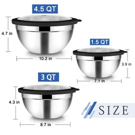 TeamFar Mixing Bowls, 4.5/3/1.5 QT Stainless Steel Nesting Salad Bowls with Airtight Lids, For Serving/Mixing/Storing/Prepping, Non-Toxic & Sturdy, Visible & Easy Clean, Black, Set of 3