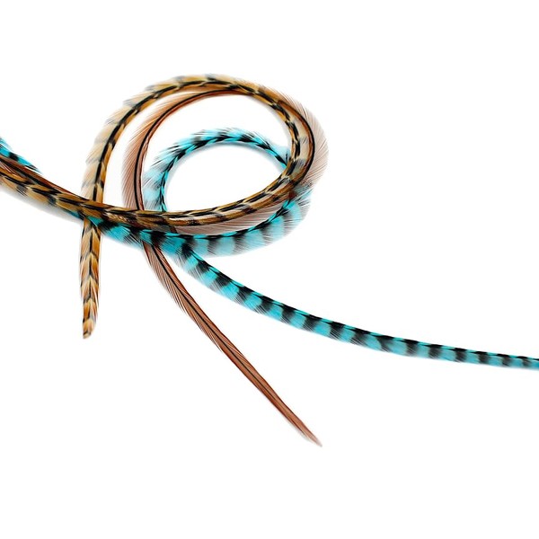 Real Feather Hair Extensions 3 Pack + Rings/Loop (Aqua Auburn)