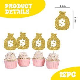 Money Bag Cupcake Toppers, 12pcs Dollar Sign Cupcake Toppers, American Dollar for Casino Wedding Birthday Festival Party Decoration, Gold Glitter Casino Party Decor.