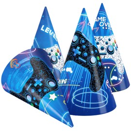 WERNNSAI 12 PCS Video Game Birthday Hats - Gamer Birthday Party Decorations Blue Neon Paper Cone Hats Gaming Party Headwear for Kids Boys Game Night Supplies