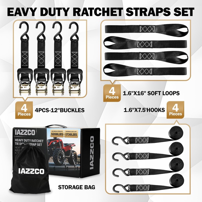 IAZZCO Heavy Duty Ratchet Straps with Hook - 1.6 Inch