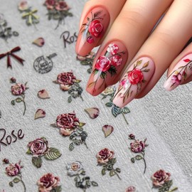 ROFIBUT Rose Nail Art Stickers 5D Embossed Retro Flower Nail Decals Spring Summer Rose Flowers Nail Stickers Self Adhesive Cute Bow Designer Nail Art Supplies for Women Manicure Nail Decoration