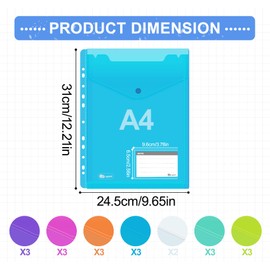 Agoer Pack of 20 A4 Document Wallets Filing, 7 Colours Document Folder A4 for Filing with Press Stud, Transparent Document Sleeves with 11 Hole Edge and Label Pocket for Folders Folder System