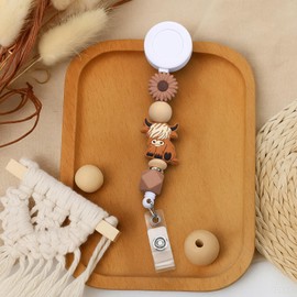 Geyoga Boho Highland Cow Badge Reel Cow Retractable ID Card Badge Holder Silicone Beaded Name Tag Pediatric Clip for Nursing Student Doctor Nurse Teacher Gifts, with Alligator Clip & 24" Cord