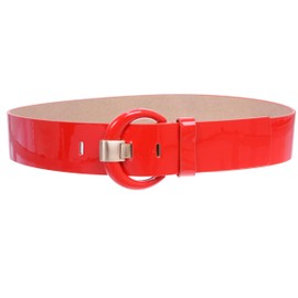 2" Wide High Waist Patent Leather Fashion Round Belt, Red | L - 38"