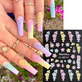 5D Embossed Flowers Nail Stickers, 4 Sheets Self-Adhesive Colorful Summer Floral Nail Decals Hibiscus Rose Butterfly Nail Art Design Manicure Decoration Accessories for Women Girls
