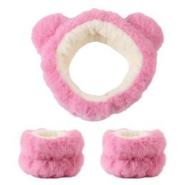 JazSwirl Face Wash Headband and Wristband Set, 3 Pcs Skincare Headband and Wristband Set 1 Face Wash Headband 2 Face Wash Wristbands, Cute Animal Ears Plush Headbands for Washing Face (Pink Bear, 1)