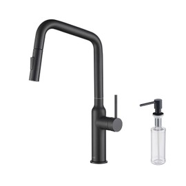 KIBI Macon Single Handle Pull Down Faucet for Kitchen Sink with Soap Dispenser | Solid Brass High Arc Spout | 360 Degree Swivel Faucet with Pull Down Sprayer | Matte Black Finish (KKF2007)