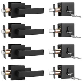 Brotima 4 Pack Square Passage Door Levers and Double Cylinder Deadbolts Combo Pack, Flat Black Keyed Alike Heavy Duty Door Handles Locksets Reversible for Right and Left Side(All Same Keys)