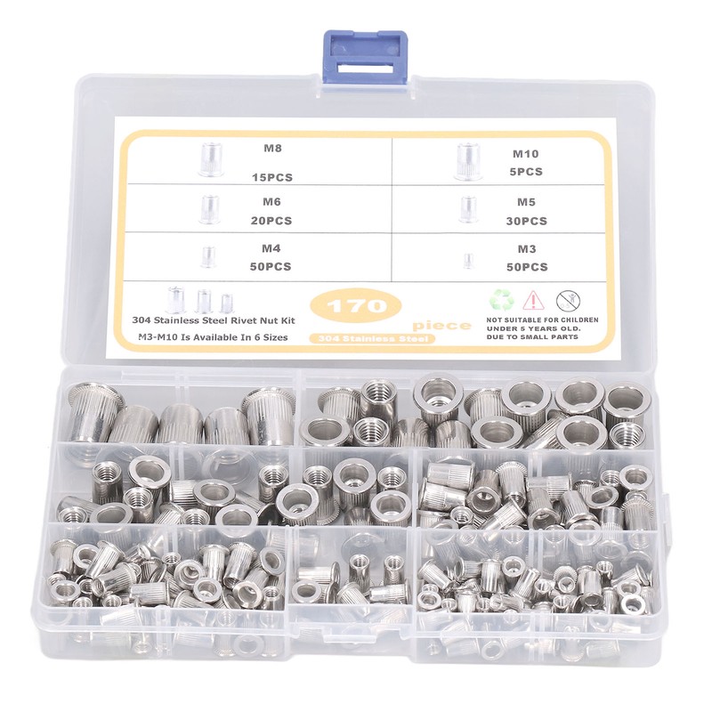 170pcs M3‑M10 304 Stainless Steel Rivet Nuts Durable Flat Head