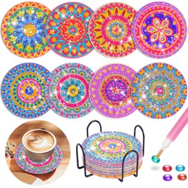 Jovicos Craft Girls 6 7 8 9 10 Years, 8 Pieces Diamond Painting Coasters with Holder, 5D Diamond Painting Children Adults Art Mandala, Gifts for Girls Children's Birthday Craft Set