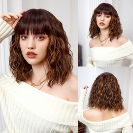 Brown Wig with Bangs,Shoulder Length Bob Curly Wavy Wigs for Women Brown Highlight Wig, Heat-resistant Synthetic Hair Wigs for Cosplay Party Daily Use