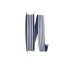Reliant Ribbon Striped Linen Value Wired Edge, Navy/White, 1-1/2 Inch, 50 Yards