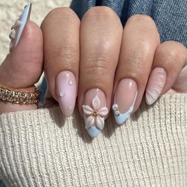 Flower Press on Nails Medium Almond Fake Nails French Tip False Nails with Pearl Floral Designs Acrylic Nails Glossy Stick on Nails Full Cover Summer Glue on Nails for Women 24PCS