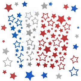 KESOTE Patriotic Star Stickers, 9 Sheets Glitter Red Blue Sliver Star Stickers 4th of July Stickers for Crafts Envelopes Cards Gifts Decoration, Self-Adhesive