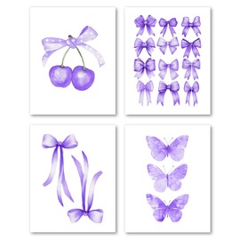 Hxlac Purple Bow Butterfly Wall Art Prints Set of 4 Unframed - Purple Preppy Wall Decor, Coquette Cherry Preppy Aesthetic Teen Girl Dorm Room Decor, Preppy Coquette Room Decor(8x10 Inches)