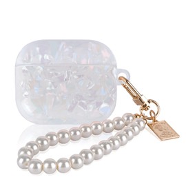 DiyGody Glitter Shell for AirPods 3 (2021) Case with Pearl Wrist Keychain,Colorful Sparkle Bling for Airpods 3rd Generation Protective Skin Cover for Women Girls Soft TPU Shock Proof-White