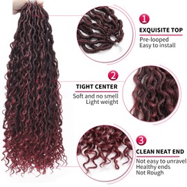 Goddess Locs Crochet Hair 22Inch 6Packs Boho Faux Locs,Burgundy Crochet Locs With Curly Ends River Hippie Locs Bohemian Locs Crochet Hair(22inch 1B/bug)