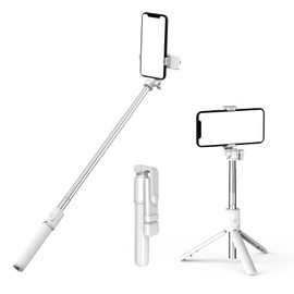 Selfie Stick with Tripod Stand and Wireless Remote, Compatible with Phones, Live Streaming and Photography (White+LED Light)