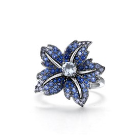 Santuzza 925 Sterling Silver Lily Ring Blue Spinel Nano Cubic Zirconia Gemstone Flower Statement Ring for Women (7)