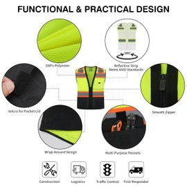 Class 2 High Visibility Reflective Safety Vests Women & Men With 5 Pockets And Zipper Front,Meets Ansi/Isea Standards (Yellow black, Large)