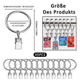 Curtain Rings, Pack of 45 Curtain Rings with Clips, Silver Curtain Rings with Clips, Curtain Clips with Rings, Metal Curtain Rings, Curtain Rings Clip Hooks, for Curtain Rod, Curtain, Window