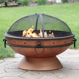 Sunnydaze Large Copper Finish Outdoor Fire Pit Bowl - Round Wood Burning Patio Firebowl with Portable Handles and Spark Screen - 30 Inch