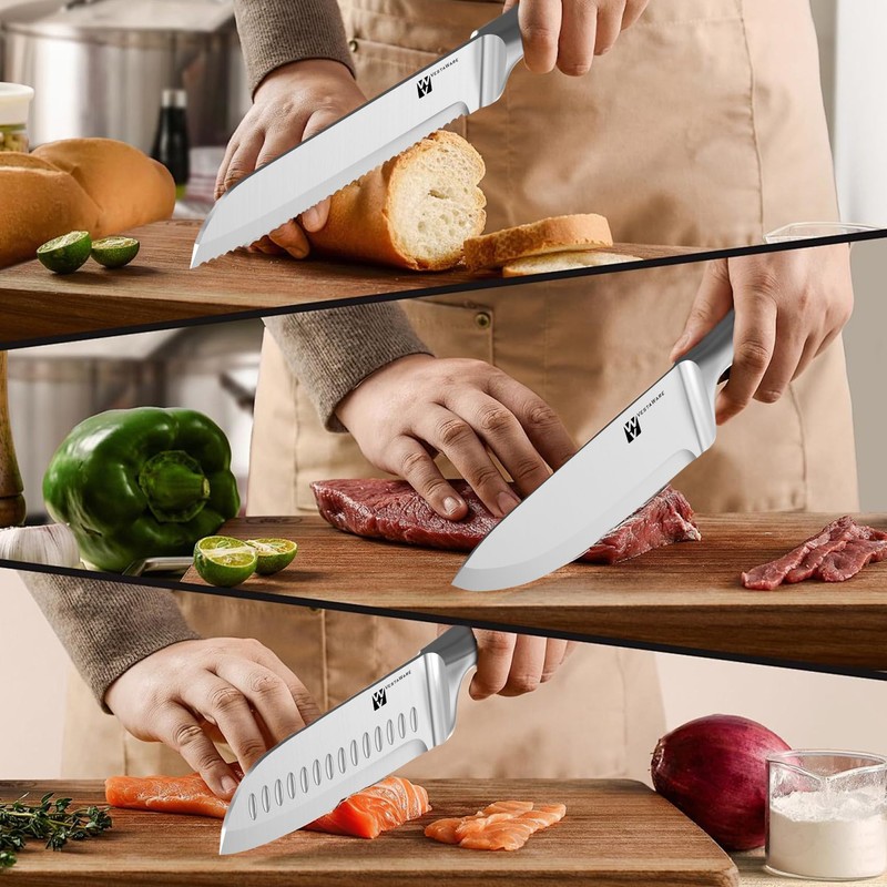 14-Piece Knife Set with Natural Wood Block, Stainless Steel Kitchen