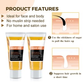 Natural Sugar Waxing Kit for Hair Removal - Body, Arms, Bikini, Legs, and Face. No-Heat Formula with Sugar Paste, Wooden Spatulas, Reusable Cotton Strips, and 50g Wax