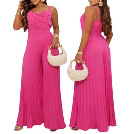 CHICME Jumpsuit for Women Summer Dressy Pleated V Neck Spaghetti Strap Jumpsuit Casual Waist Wide Leg Hot Pink Overalls-S