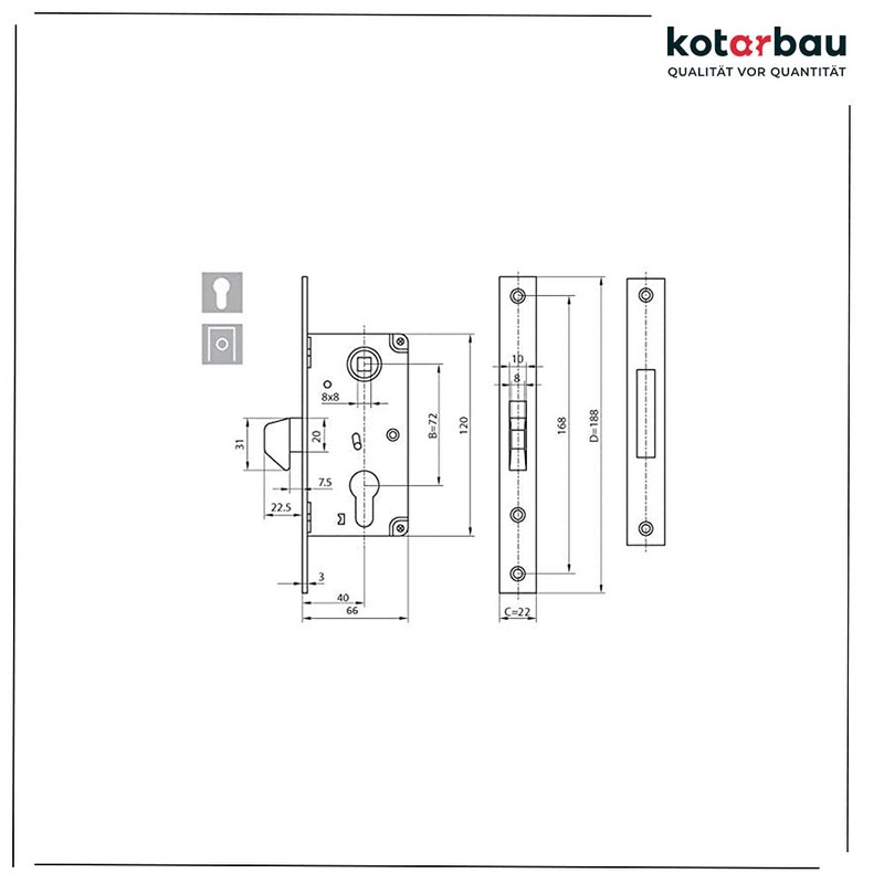 KOTARBAU® 72/40 Sliding Door Mortice Lock Galvanised Corrosion Resistant Strike
