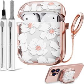 with Safety Lock for AirPods 2nd & 1st Generation Case Cover with Cleaner Kit, Floral Cute Kawaii AirPod Case with Keychain, Flower AirPod 1st/2nd Gen Case for Women Grily -White Lily