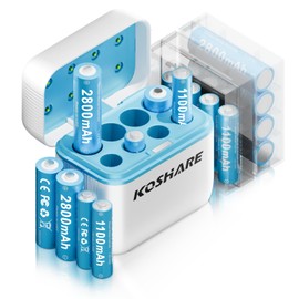 KOSHARE Rechargeable AA AAA Batteries with Charger 16Pcs,1.2V Ni-MH Rechargeable Batteries with 8 * 2800mAh AA and 8 * 1100 mAh AAA,Pre-Charge,Type-C and 8 Slot Charger