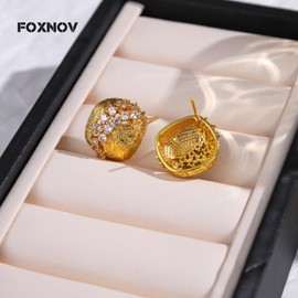 FOXNOV Stylish Gold Earrings for Women, 14K Gold Plated 925 Sterling Silver Post Hypoallergenic Earrings, Crystal Studs, Women's Jewelry with Gift Box