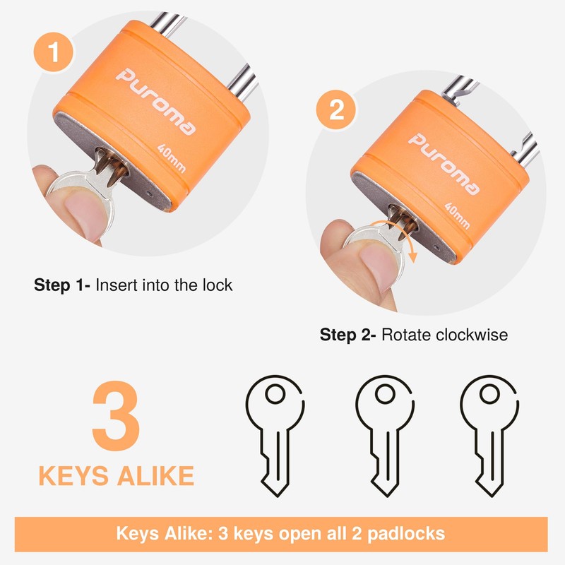 Puroma 2 Pack Keyed Padlock with 3 Keys Alike, 1.1