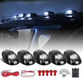 HOCOLO 5x Smoke Lens Rooftop Cab Clearance Light, Roof Top Marker Running Amber/White LEDs Lights Kit Compatible with Pickups Trucks Ram Vans SUV POV Vehicle (White, Elliptic)