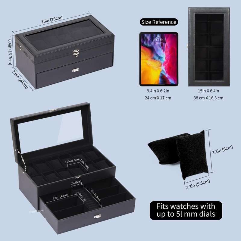 AUTOARK Leather & Velvet 12 Watch Box Jewelry Case and